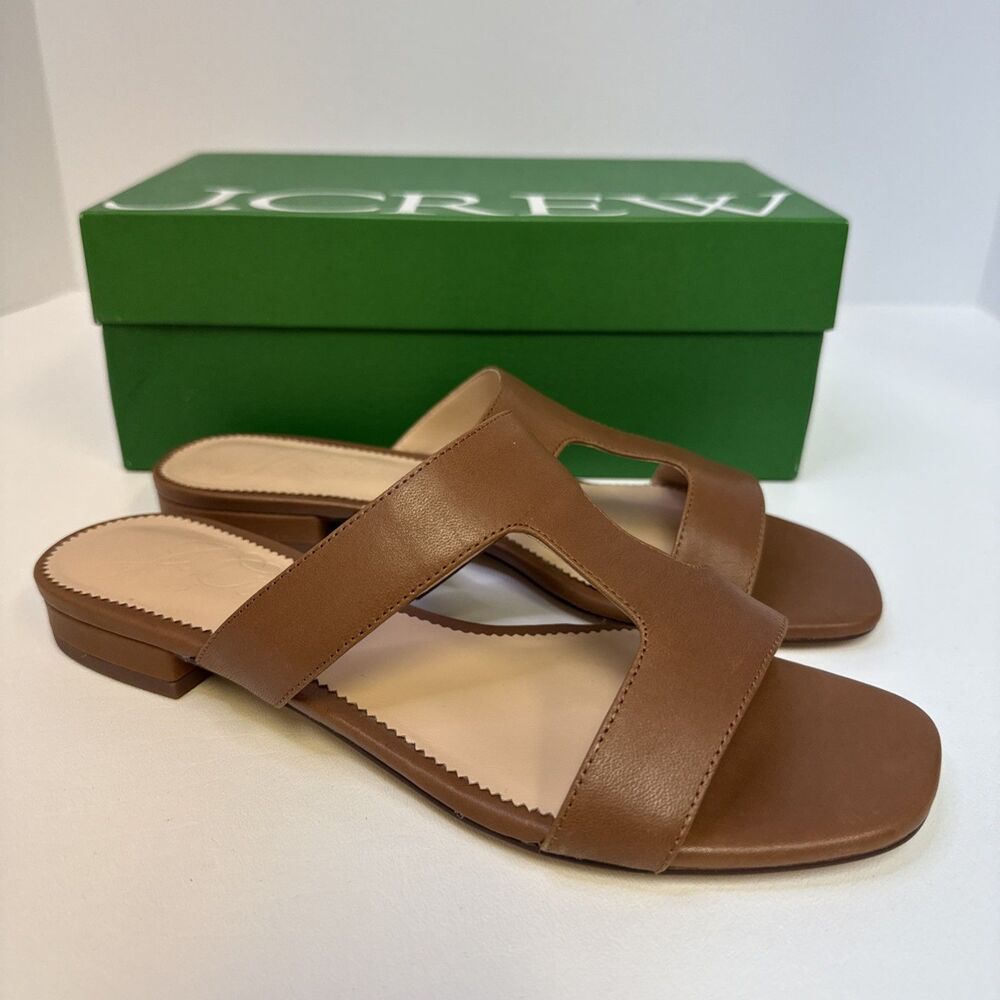 J. Crew Leather Hazel Cutout Slide Flat Sandals Rich Oak Brown Size 7 - NIB